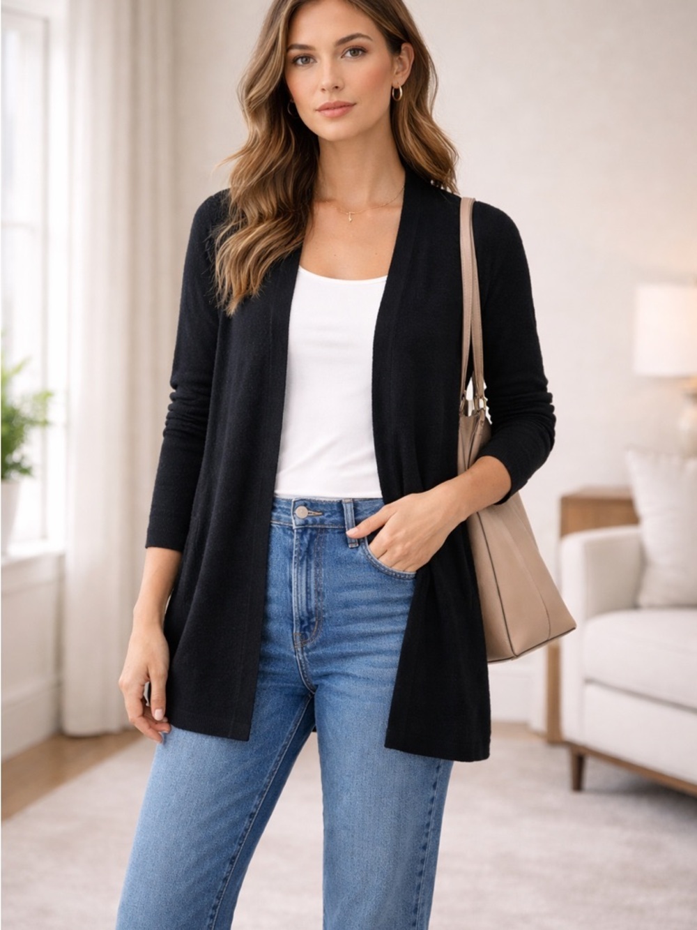 Cashmere by Bloomingdale’s Black Open Cardigan Small Rolled Hem Soft Knit